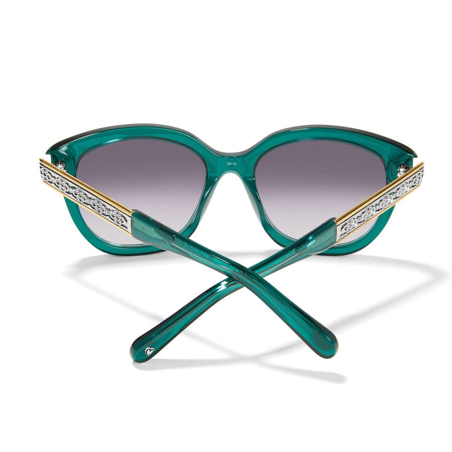 Back view of Green Intrigue Emerald Sunglasses shown from rear with ornate, gold-trimmed arms, crossed in an 'X' shape. The glasses have dark lenses with a gradient tint and intricate designs on the sides, placed against a white background.