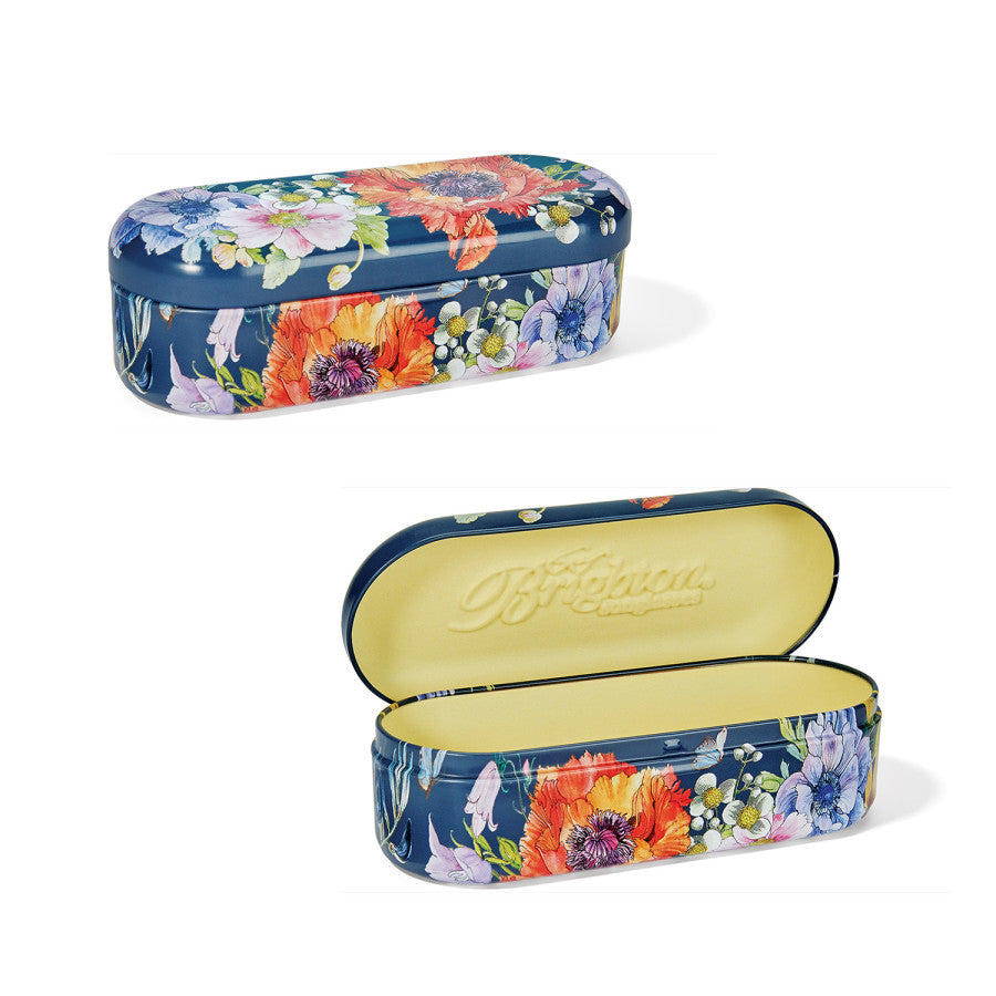 A blue, floral-patterned oval-shaped Intrigue Emerald Sunglasses case with embossed text “Brighton” on the yellow interior. Top image shows it closed; bottom image, open with a cream-colored inner lining.