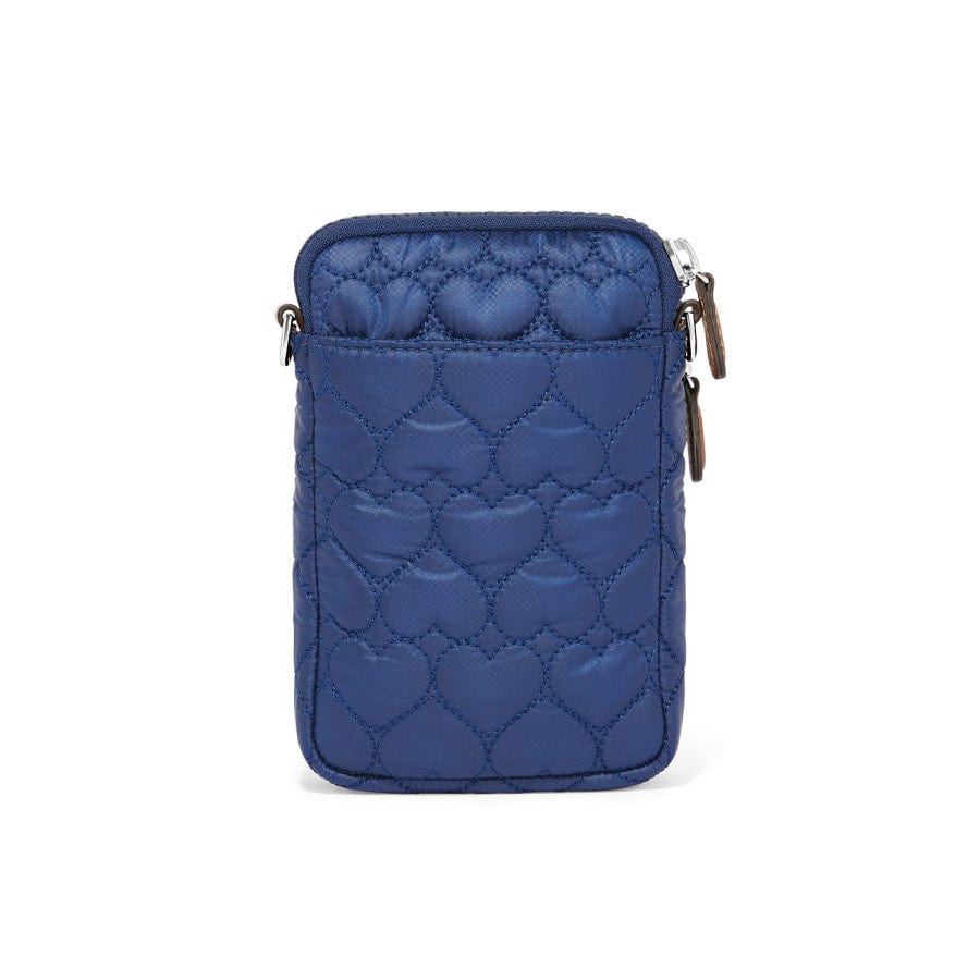 Back view of Kora Mini Utility Bag in blue, featuring pocket with blue nylon and heart stitching