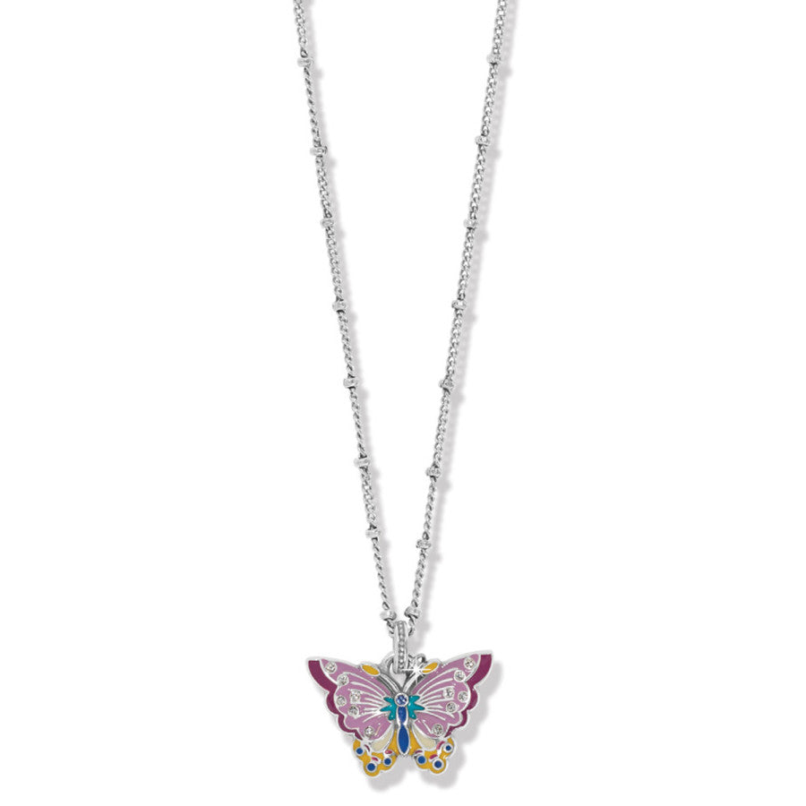 Kyoto In Bloom Butterfly Short Necklace with butterfly-shaped pendant with purple, yellow, and blue detailing hangs from a silver chain with small beads at intervals against a plain white background.