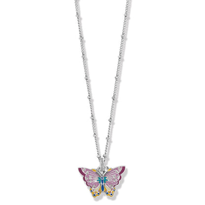 Kyoto In Bloom Butterfly Short Necklace with butterfly-shaped pendant with purple, yellow, and blue detailing hangs from a silver chain with small beads at intervals against a plain white background.