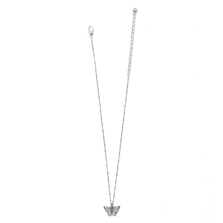 Zoomed out view of A Kyoto In Bloom Butterfly Short silver Necklace with a chain featuring a multicolored butterfly pendant, placed against a plain white background.