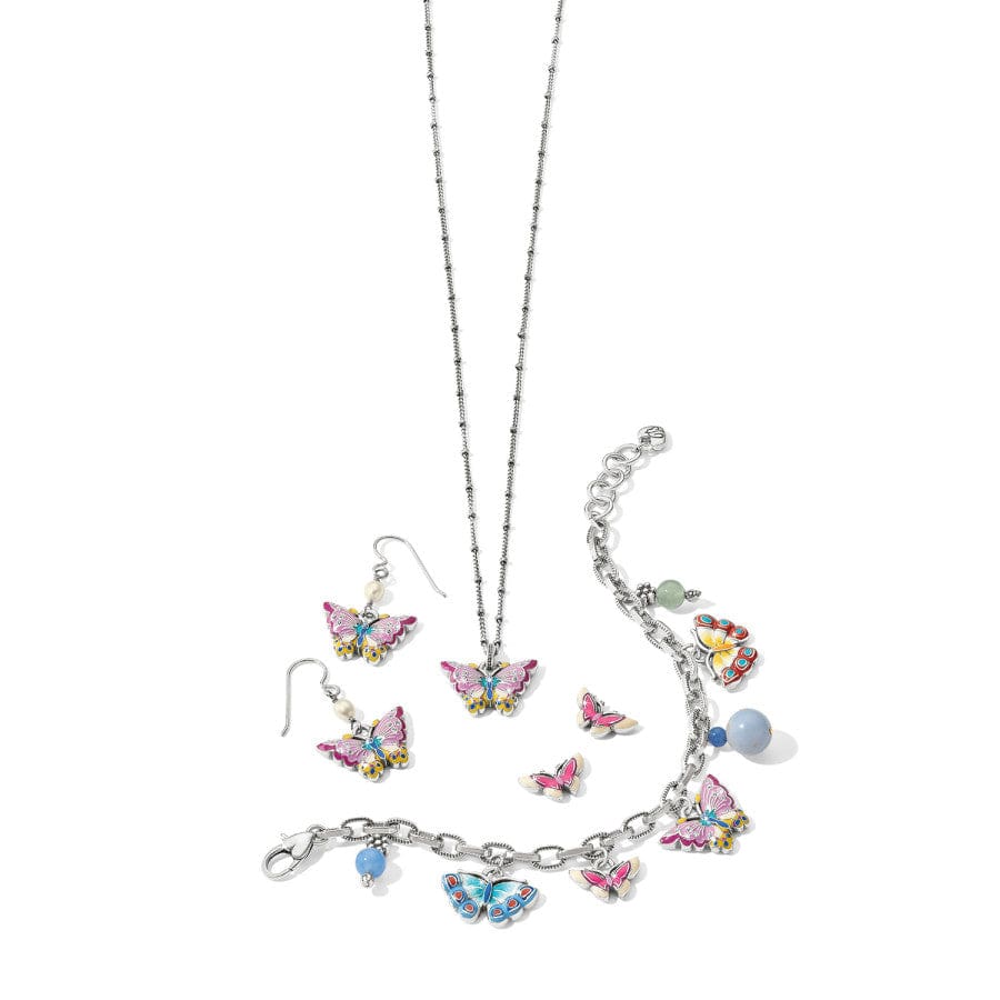 Kyoto In Bloom Butterfly Short Necklace show with Butterfly-themed jewelry set featuring earrings, and a bracelet with colorful butterfly charms, arranged on a white surface.