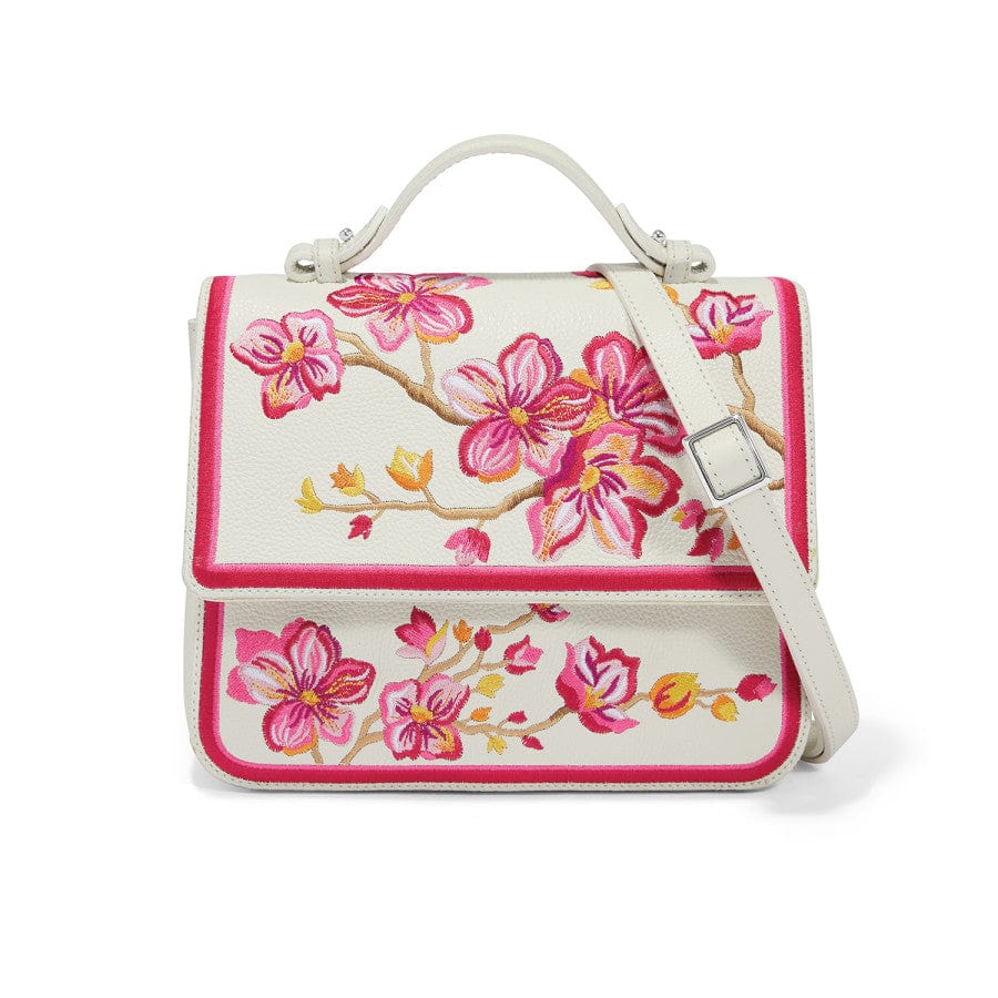 Kyoto In Bloom Miya Flap Bag in white and pink front view with strap showing