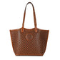 The Riva Tote, a russet brown leather tote bag with a patterned design and embossed circular logo in the center stands against a neutral background.