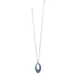 A silver Terra Blue Hoop Necklace features a long chain leading to an oval-shaped pendant with blue and green patterns, displayed against a plain white background.