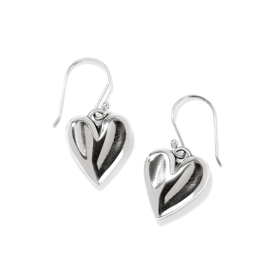 Close-up, rear view of Cascade Heart Reversible French Wire Earrings, highlighting the intricate heart patterns and smooth silver finish