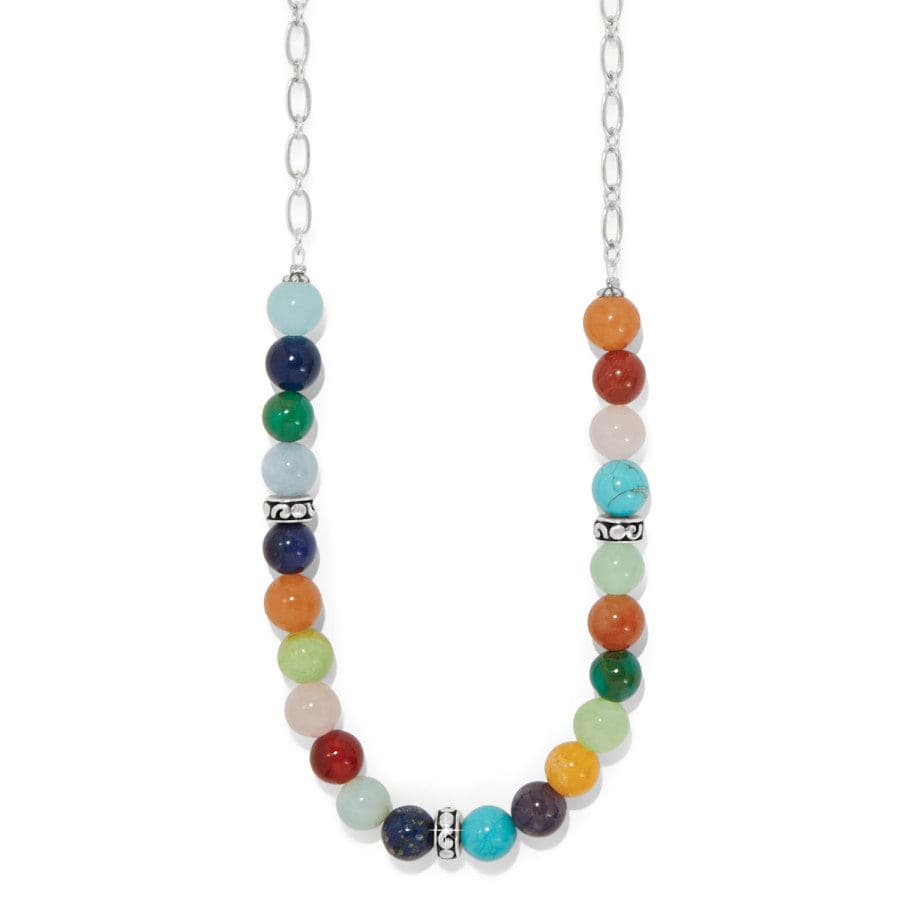 A Contempo Confetti Necklace displaying spherical, multicolored beads arranged in a symmetrical pattern, connected by a silver chain with decorative silver separators. The beads include shades of blue, green, orange, and red.