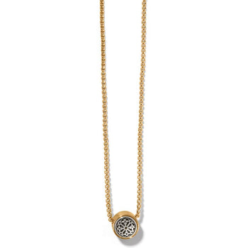 Ferrara Two Tone Luce Mini Pendant Necklace with a circular pendant featuring an intricate, cut-out design, set against a white background.