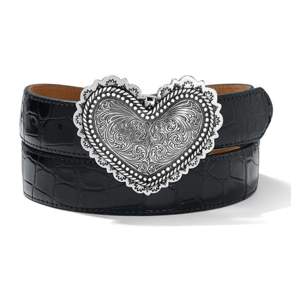 Brighton Black Faux Croc Leather Heart Belt / Silver & Gold Tone Large Heart  Buckle / Brighton Black Leather Heart Buckle Belt / M 