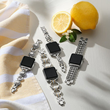 Interlok Harmony Apple Watch Band with 4 similar bands and a lemon for style