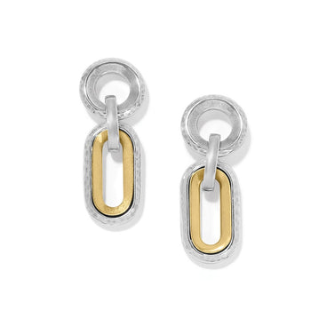 Medici Two Tone Link Post Drop Earrings with circular tops and elongated, interlinked loops, one silver and one gold, against a white background.