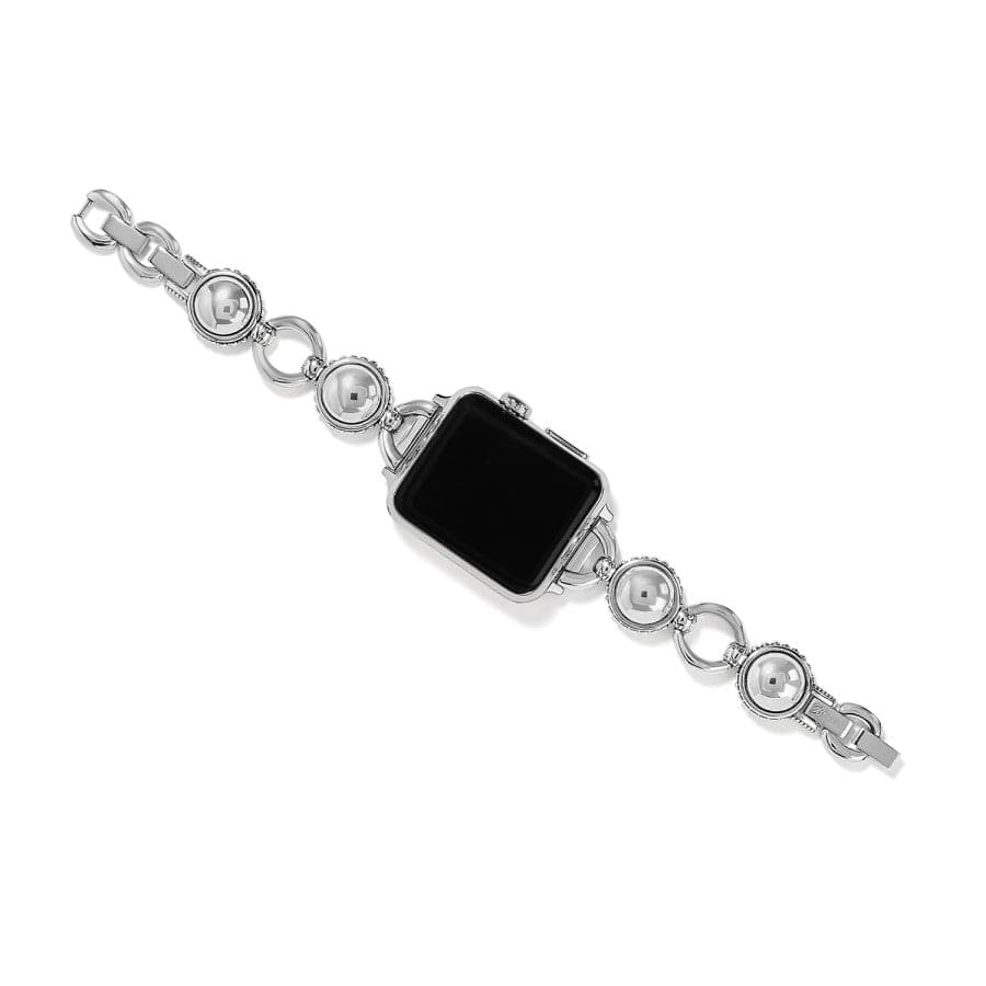 A sleek Apple Watch attached to Pretty Tough Bold Watch Band an ornate silver bracelet adorned with circular metallic beads, placed against a plain white background.