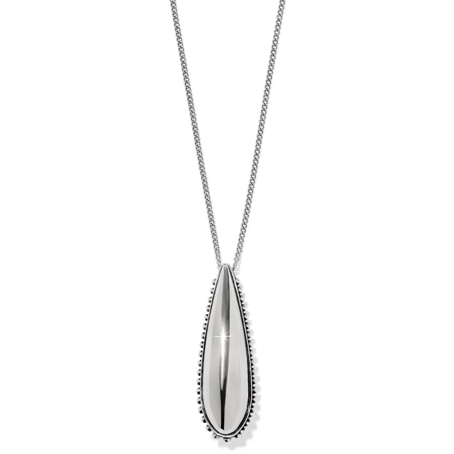 Pretty Tough Droplet Necklace a silver teardrop-shaped pendant with a smooth reflective surface hangs on a matching chain up close against a white background.