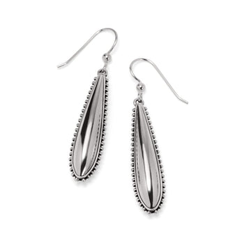 Pretty Tough Small Droplet French Wire Earrings, a silver teardrop-shaped earrings with beaded detailing hang against a white background.