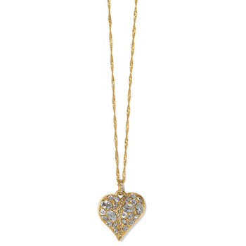 The Trust Your Journey Golden Heart Necklace a gold heart pendant encrusted with clear gemstones on a twisted chain, isolated against a plain white background.