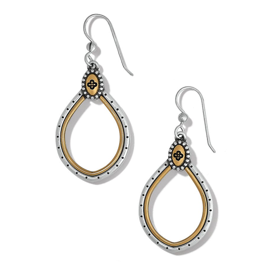 Teardrop-shaped Venezia Teardrop French Wire Earrings with a dual-tone design of gold and silver, adorned with small black dots and a small cross-like motif at the top. The background is plain white.